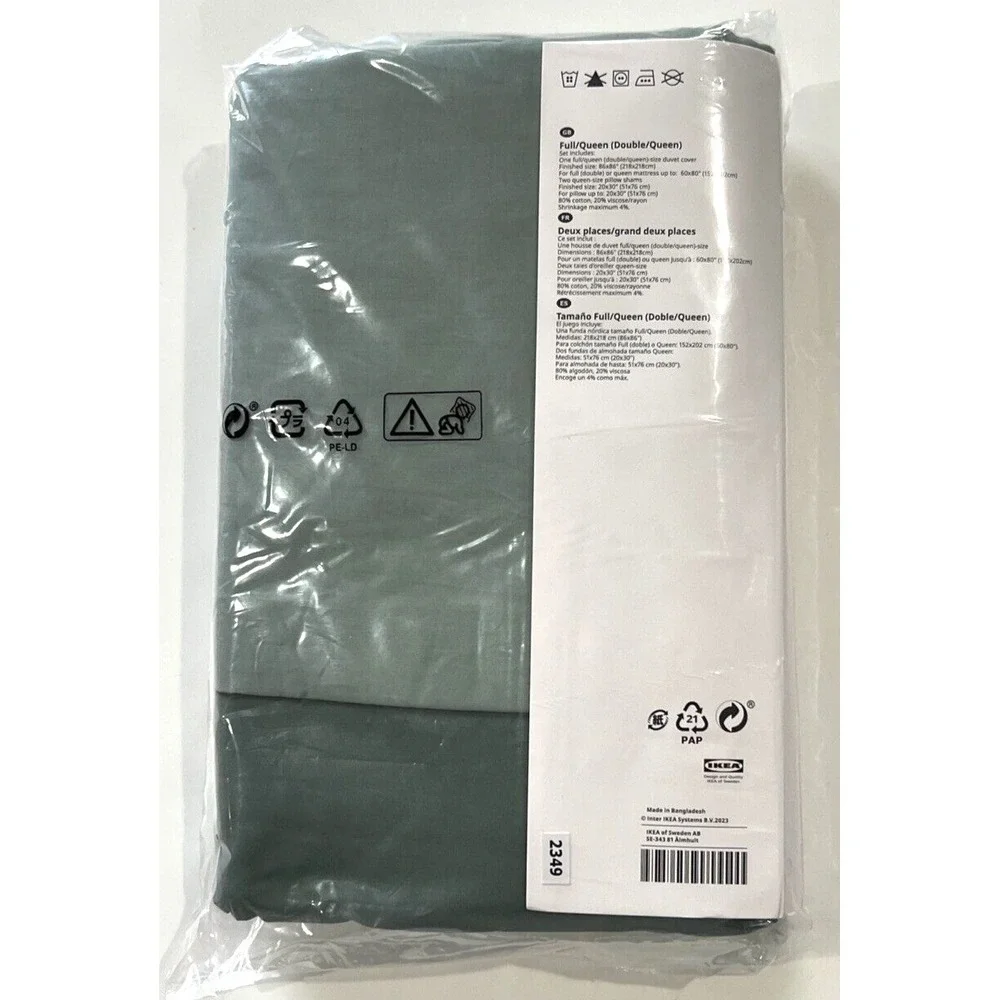 Ikea STRANDTALL Full/Queen Duvet cover & 2 pillowcases gray-green/dark green NEW